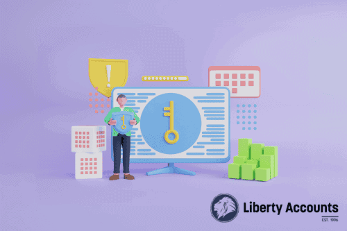 A person holds a key symbol next to a screen displaying a key icon. Surrounding them are icons of computer components, a lock, and blocks, all against a purple background.